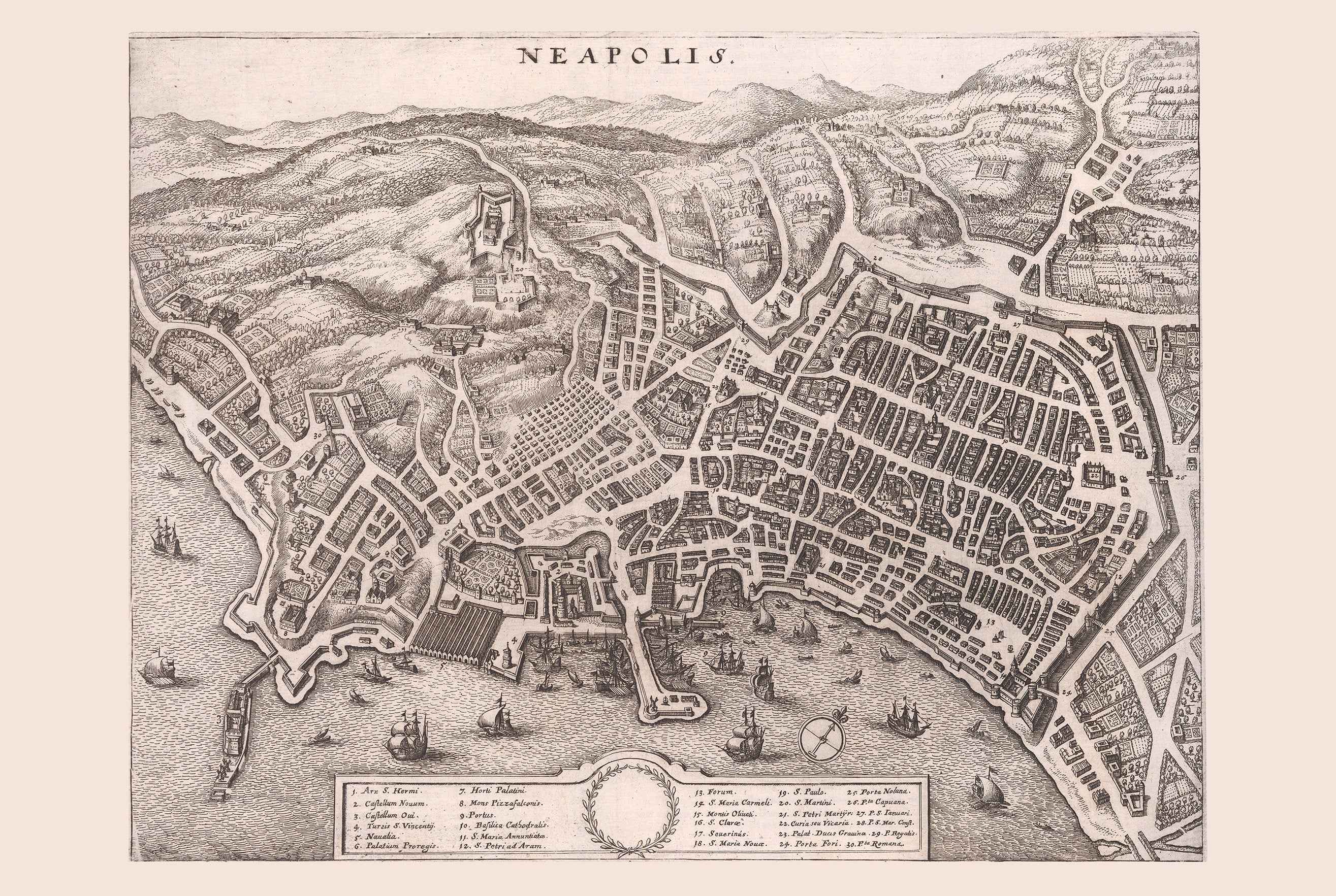 1688 Naples Map Poster - Neapolis Coastal City Plan with Harbour, Streets and Hills Detail - Strategy Maps